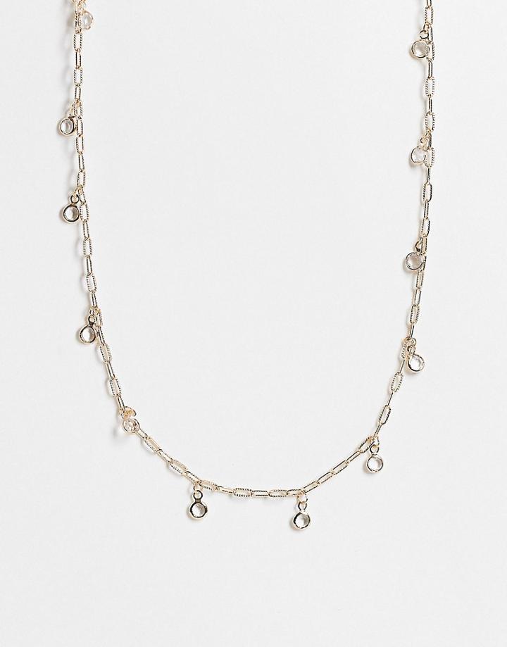 Asos Design Short Necklace With Crystal Drops In Gold Tone