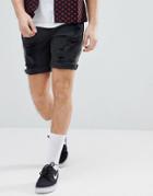 Asos Denim Shorts In Slim Washed Black With Heavy Rips - Black