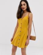 Asos Design Mini Slubby Cami Swing Dress With Faux Wood Buttons-yellow