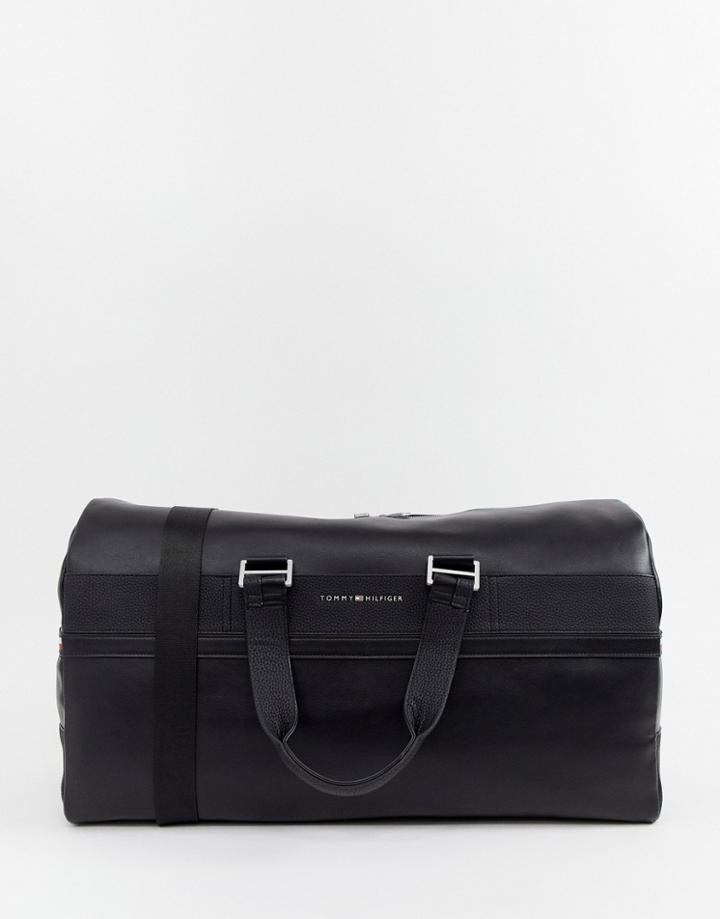Tommy Hilfiger Faux Leather Duffle Bag With Side Icon Tape Detail In Black - Black
