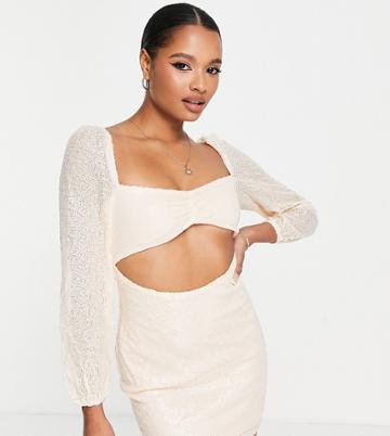 In The Style Petite Exclusive Sequin Long Sleeve Cut Out Mini Dress In Ecru-white