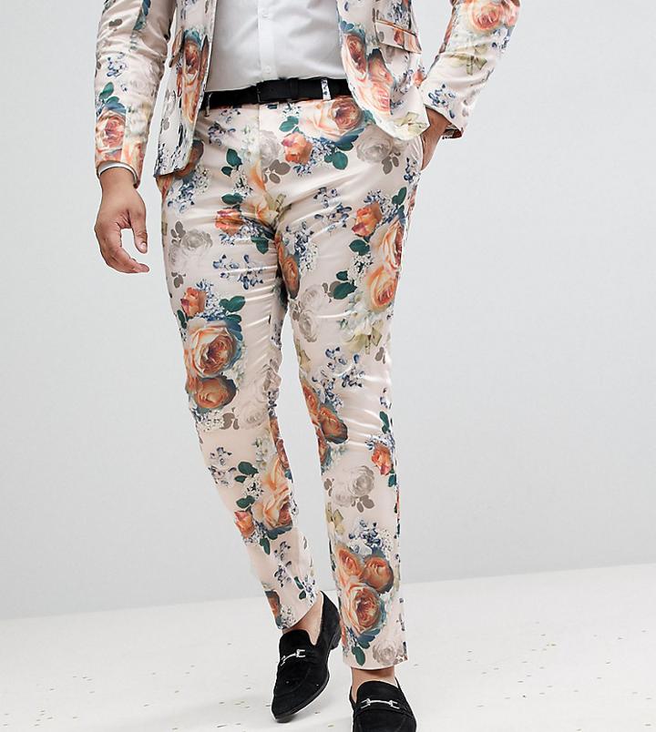 Asos Plus Wedding Super Skinny Suit Pants In Champagne Floral - Cream