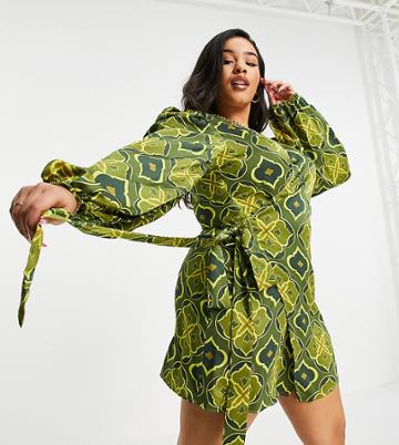 Never Fully Dressed Plus Exclusive Wrap Tie Mini Dress In Green Geo Tile Print
