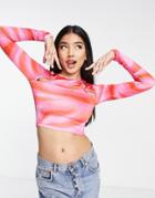 Pull & Bear Contrast Pattern Long Sleeve Crop Top With Cut Out Detail In Pink