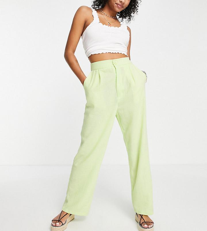 Stradivarius Petite Wide Leg Linen Look Dad Pants In Green