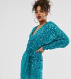 Asos Design Tall Mini Dress With Batwing Sleeve And Wrap Waist In Scatter Sequin-multi