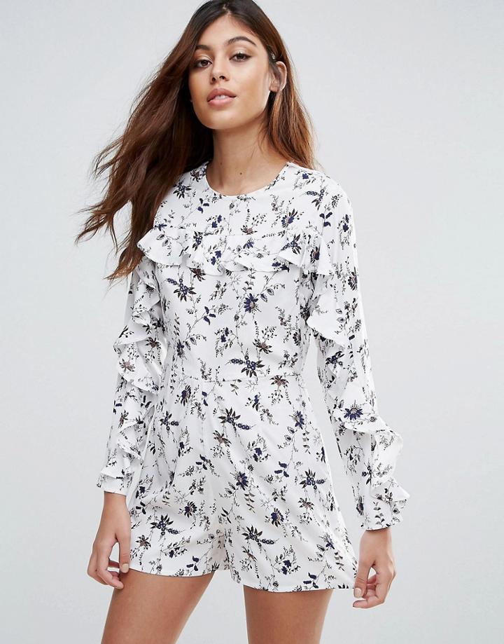 Influence Ruffle Front Floral Romper - Cream