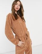 Asos Design Towelling Button Back Sweatpants Jumpsuit In Camel-brown