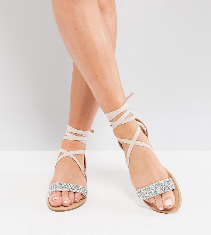 Asos Design Wide Fit Fi Embellished Flat Sandals - Beige
