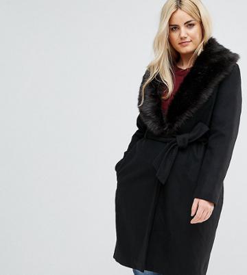 Brave Soul Plus Ada Long Coat With Detachable Faux Fur Collar - Black