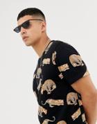 Asos Design T-shirt With All Over Leopard Print - Black