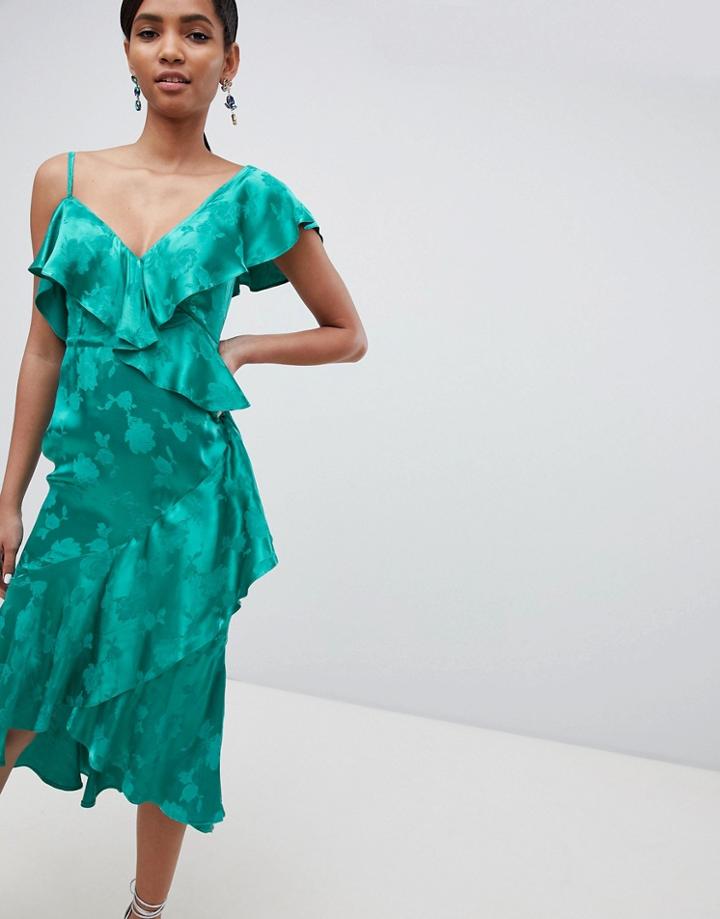 Asos Design Occasion Ruffle Midi Dress In Satin Jacquard-green