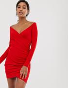 Ax Paris Bardot Ruched Bodycon Mini Dress-red