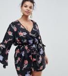 Influence Plus Floral Romper With Split Sleeve - Black