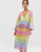 Asos Design Pleated Glitter Rainbow Midi Tea Dress-multi