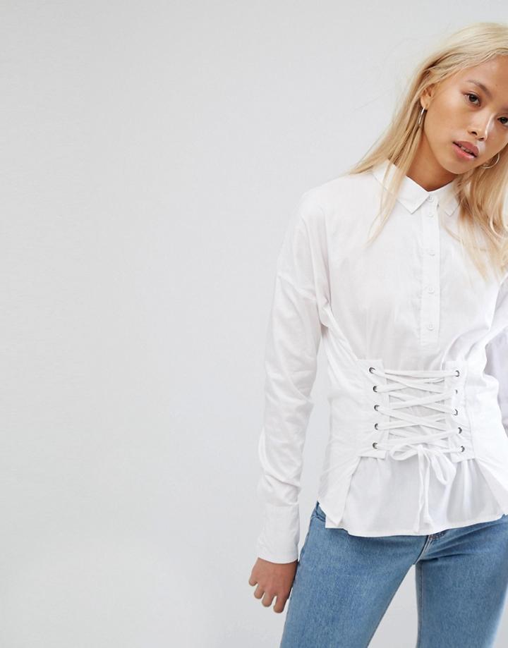 Noisy May Shirt With Corset Lace Up - White