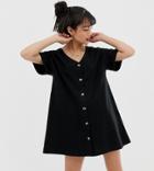 Asos Design Petite Mini Slub Button Through Swing Dress - Black