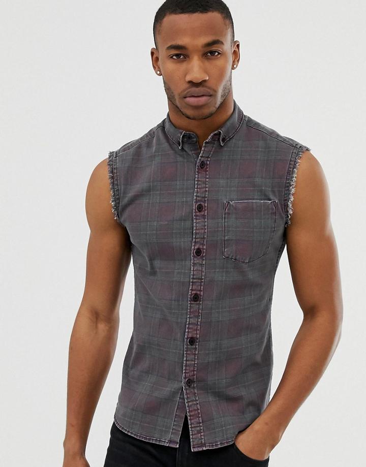 Asos Design Skinny Fit Sleeveless Check Shirt In Denim-red