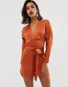 Asos Design Mini Dress With Batwing Sleeve And Wrap Waist In Satin-white