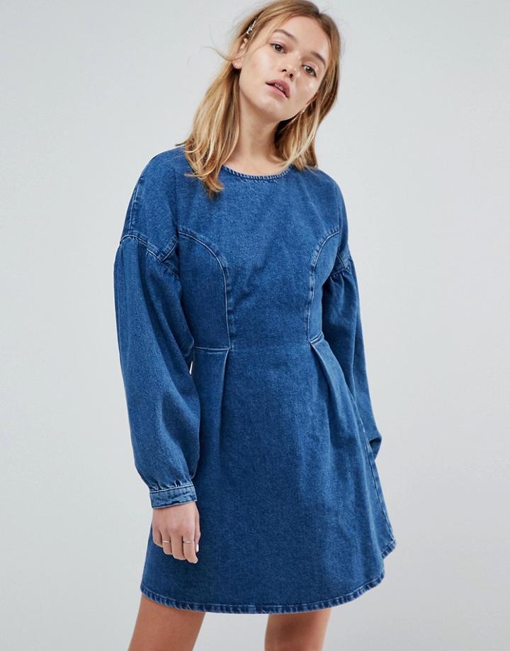 Asos Denim Balloon Sleeve Dress In Mid Blue Wash - Blue