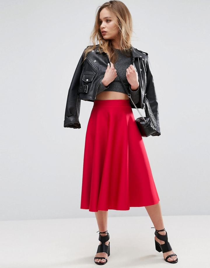 Asos High Waisted Full Circle Scuba Prom Skirt - Red