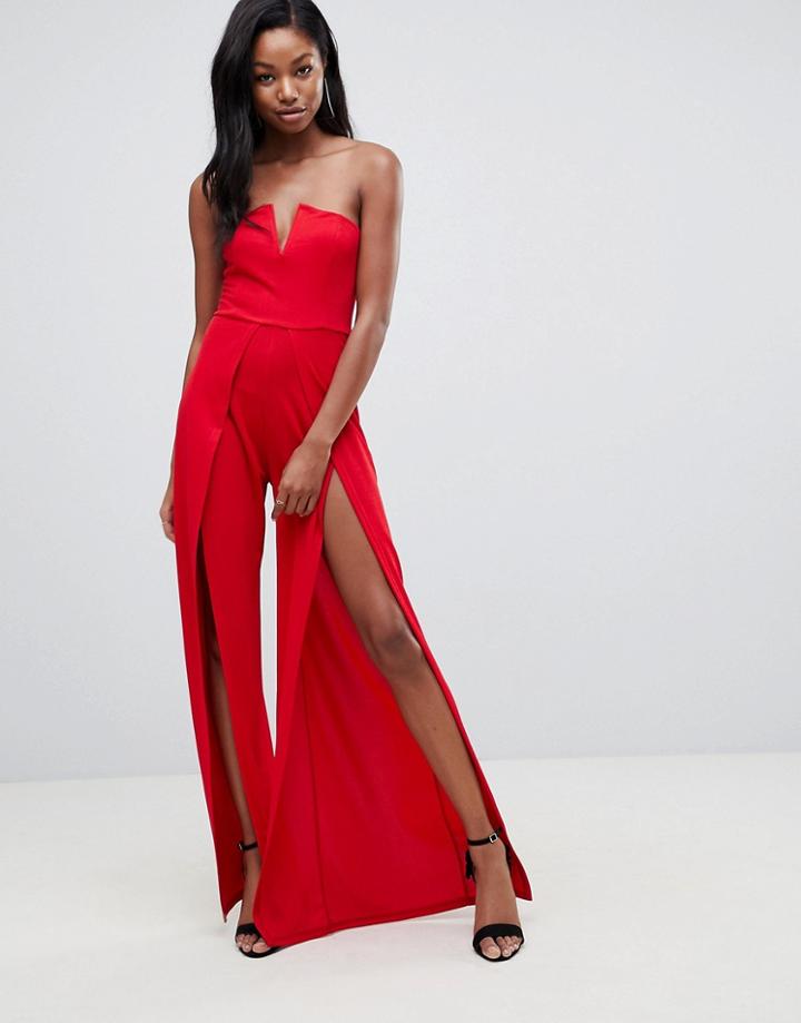Club L Structured V Bandeau Jumpsuit With Split Leg Detail - Red