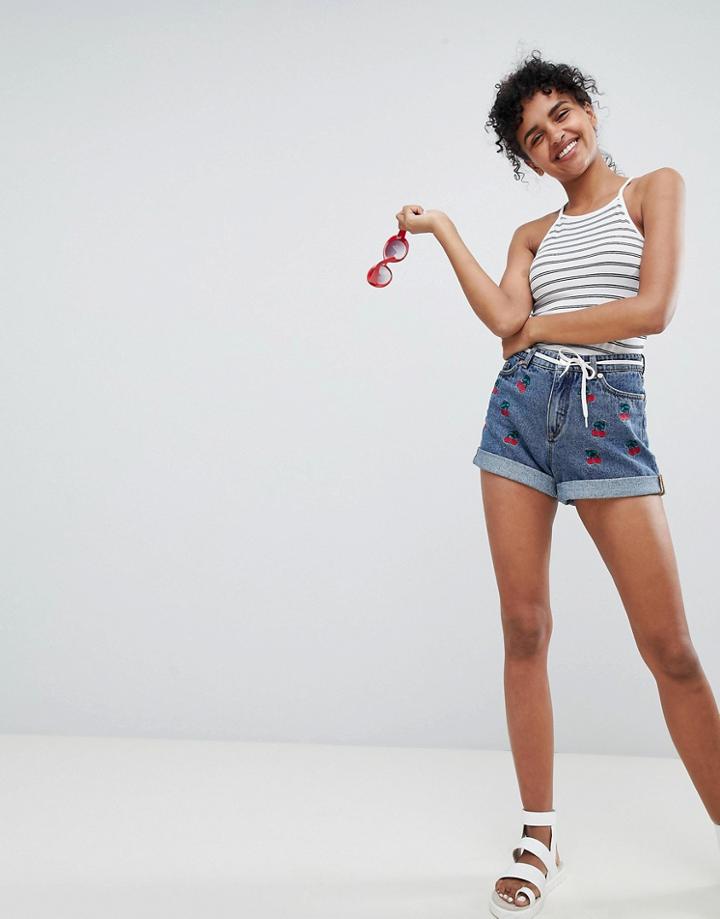 Monki Cherry Embroidered Denim Shorts - Blue