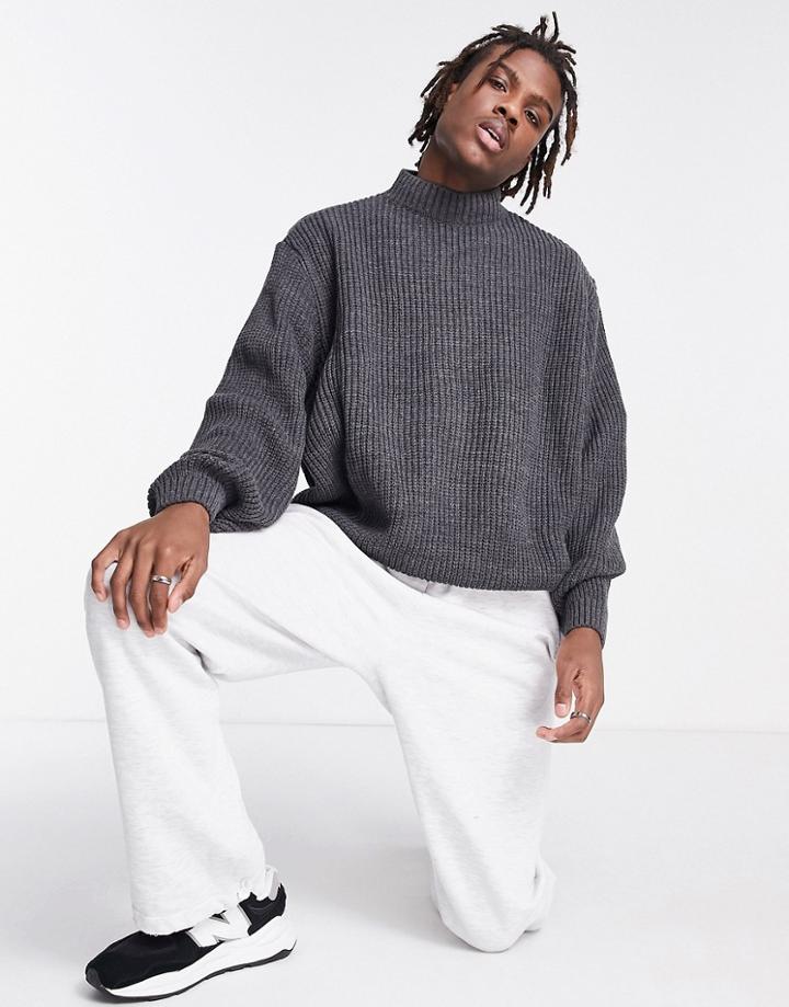 Asos Design Oversized Fisherman Rib Turtle Neck Sweater In Charcoal-grey