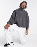 Asos Design Oversized Fisherman Rib Turtle Neck Sweater In Charcoal-grey