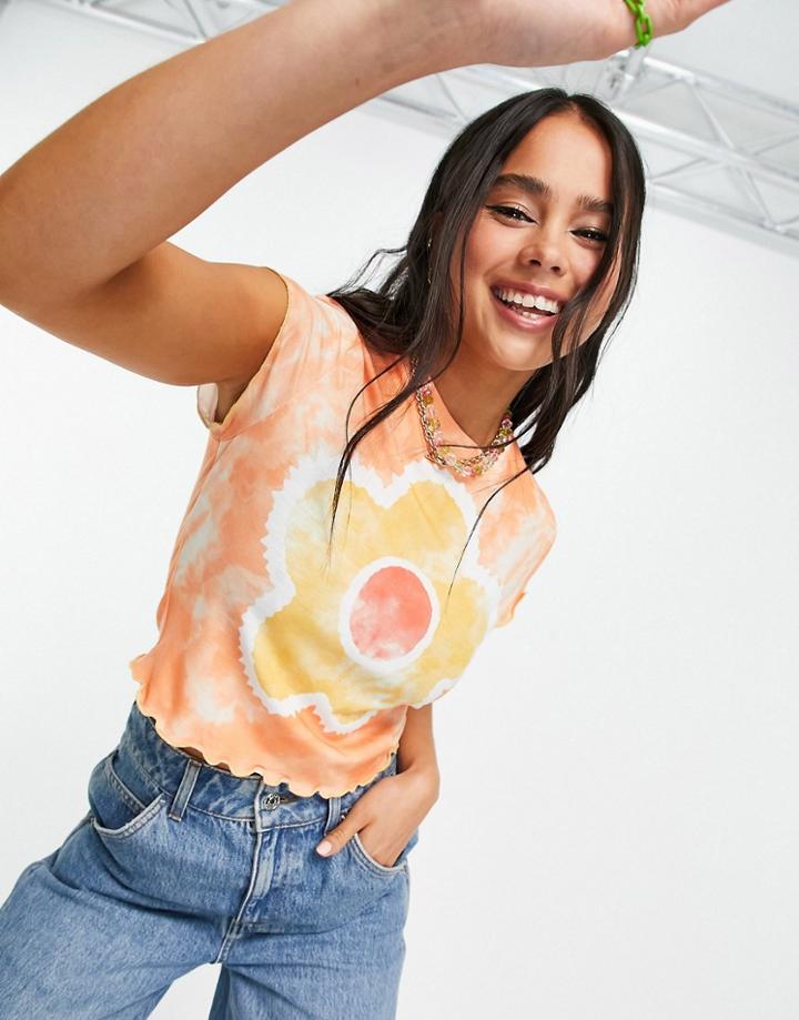 The Ragged Priest Shrunken T-shirt With Daisy Print In Bright Tie Dye-orange