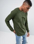 Asos Knitted Textured Sweater With Woven Pocket - Green