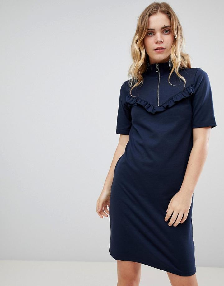 Ichi Zip High Neck Dress - Navy