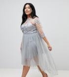Chi Chi London Plus High Neck Tulle Midi Skater Dress With Lace Sleeves And High Low Hem - Gray