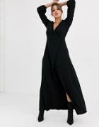 Asos Design Puff Sleeve Wrap Maxi Dress With High Split-black