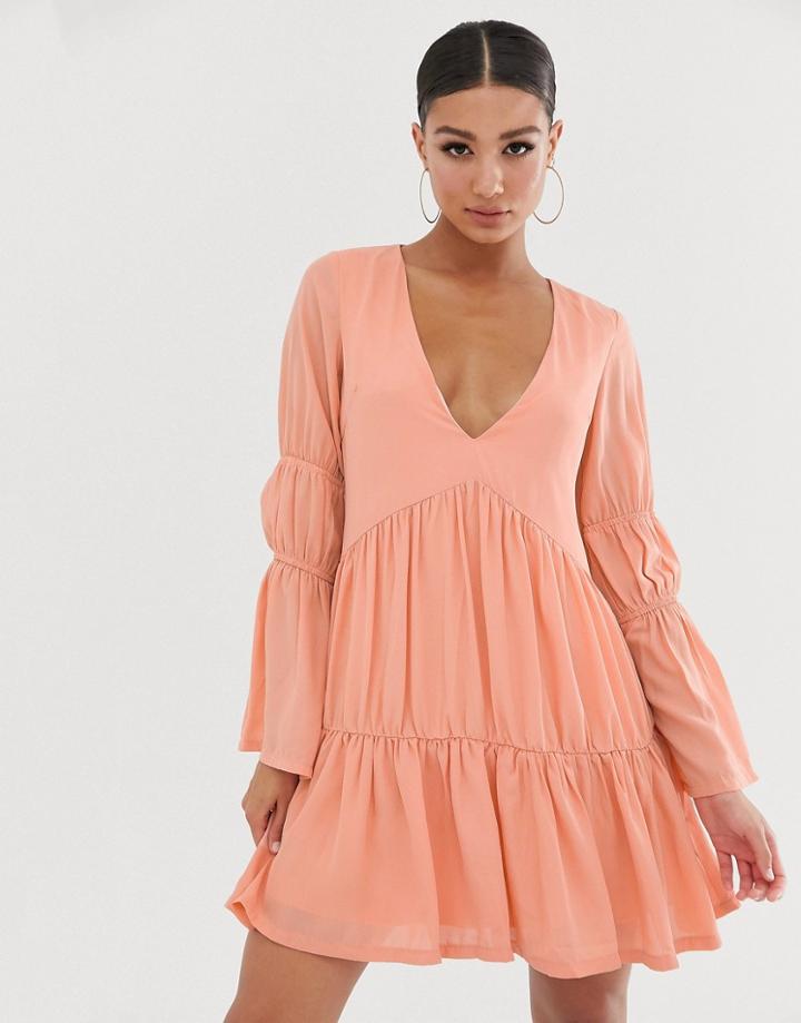 Missguided Tiered Smock Dress In Pink-neutral