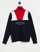 Tommy Hilfiger Logo Color Block Half Zip Sweatshirt In Navy