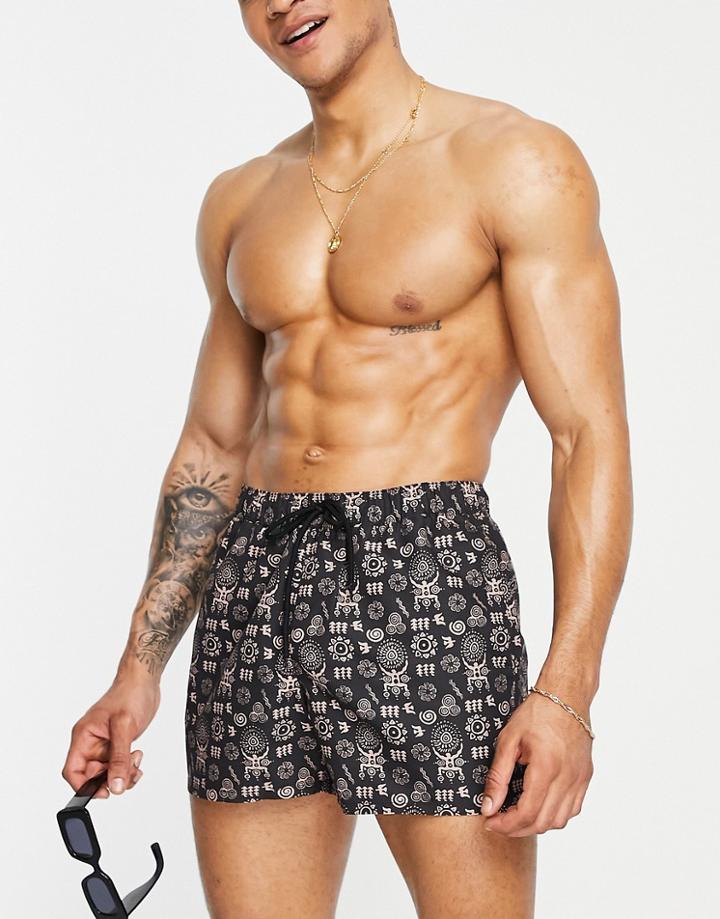 Asos Design Swim Shorts In Black With Hand Drawn Design Short Length