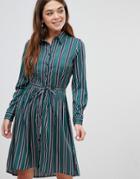 Influence Shirt Dress In Stripe Print With Tie Waist-green