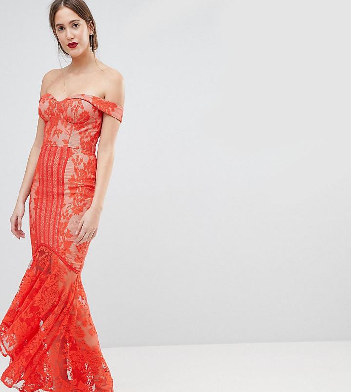 Jarlo Tall All Over Lace Off Shoulder Fishtail Maxi Dress - Orange