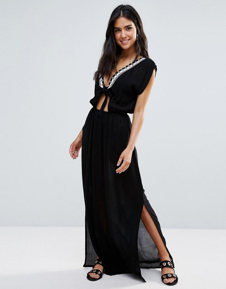Liquorish Beach Dress With Tie Front - Black