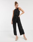 Asos Design Sleeveless Plisse Tie Front Jumpsuit-black