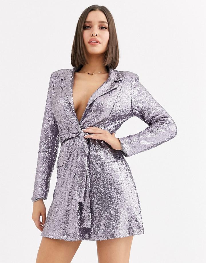 Club L London Sequin Tuxedo Dress With Belt Detail In Gunmetal