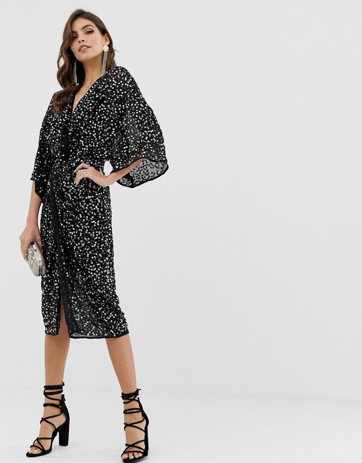 Asos Design Scatter Sequin Knot Front Kimono Midi Dress - Pink