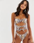 River Island Swimsuit With Knot Front In Snake Print-gray