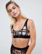 Asos Design Fishnet Insert Contrast Lace Up Front Crop Bikini Top In Check Print - Multi