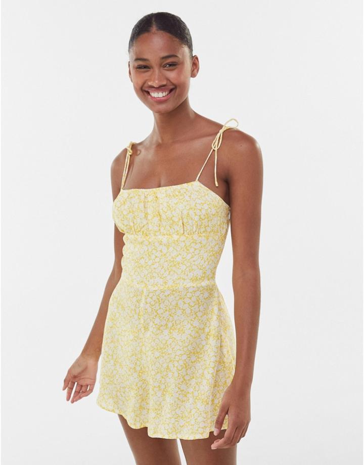Bershka Printed Strappy Romper In Yellow