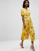 Asos Tea Jumpsuit With Ruched Sleeve In Floral Print - Yellow