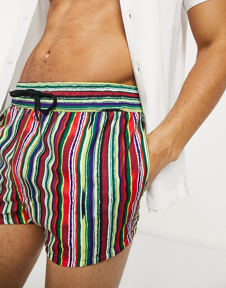 Asos Design Swim Shorts In Aztec Multi Colored Stripe In Super Short Length