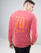 Asos Dropped Shoulder Oversized Long Sleeve T-shirt With Gothic Typo And Acid Wash - Red
