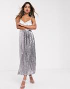 Tfnc Sequin Double Layered Pleat Midi Skirt In Silver